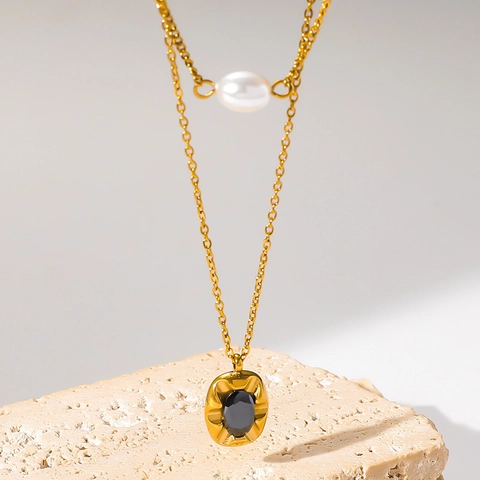 Double Layer Necklace Stainless Steel With Artificial Pearl And Black Gemstone Oval Geometric Pendant Vintage Jewelry For Women