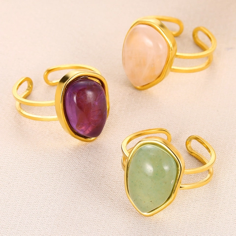 Anello Aperto in Acciaio Inossidabile Placcato Oro 18K con Pietra Naturale Irregolare da Donna Gioielli Regolabili Geometrici Martellati Traforati