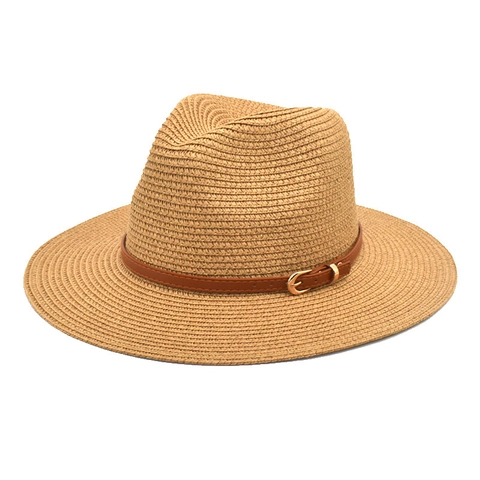 Women Straw Fedora Hat Wide Brim Summer Panama Beach Sun Cap With Leather Belt Decoration Breathable