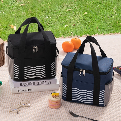 Isolierte Lunchtasche Oxford Tuch Wellenmuster Wasserdichte Kühltasche Mit Seitlichen Netztaschen Für Picknick Büro Reise