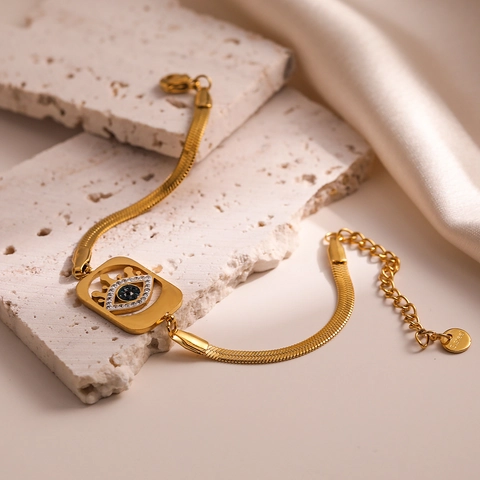 Evil Eye Bracelet Women Stainless Steel Gold Plated Blue Zircon Pendant Flat Snake Bone Chain Retro Fashion Jewelry