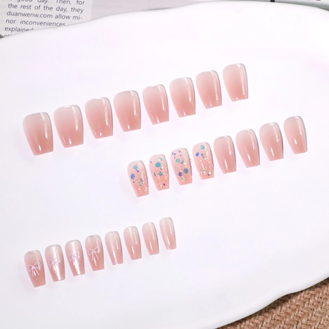Unghie Finte Press On Rosa Nude Effetto Occhio Di Gatto Paillettes Bara Lunghe Con Design A Fiocco Per Donna