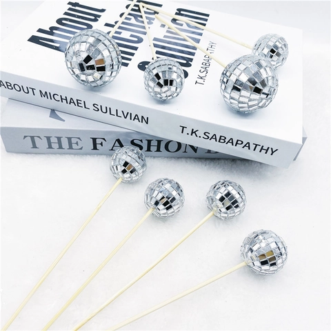 Silver Mirror Disco Ball Cake Topper With Wood Stick Sparkly Glass Ball For Wedding Birthday Party Window Display Cake Decoration
