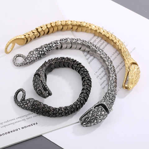 Bracciale Testa Di Serpente Trama Di Squame Realistica Acciaio Inossidabile 316L Punk Retro Heavy Metal Rock Gioielli Uomo