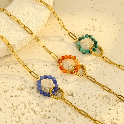 Vintage Interlocking Rings Stainless Steel Bracelet With Natural Stone Beads 18K Gold Plated Fashion Jewelry For Women