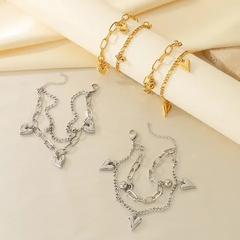 Double Layer Heart Bracelet Stainless Steel Minimalist Retro Hip Hop Trendy Adjustable Chain For Women Ladies