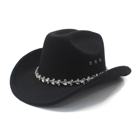Western Cowboy Hat Cotton Polyester Wool Felt Rhinestone Chain Wide Brim Fedora Jazz Hat Retro Fashion Ethnic Style
