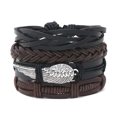 Men Vintage Leather Braided Bracelet Multi Layer Hand Woven Wristband With Alloy Feather Pendant Adjustable Fashion Jewelry