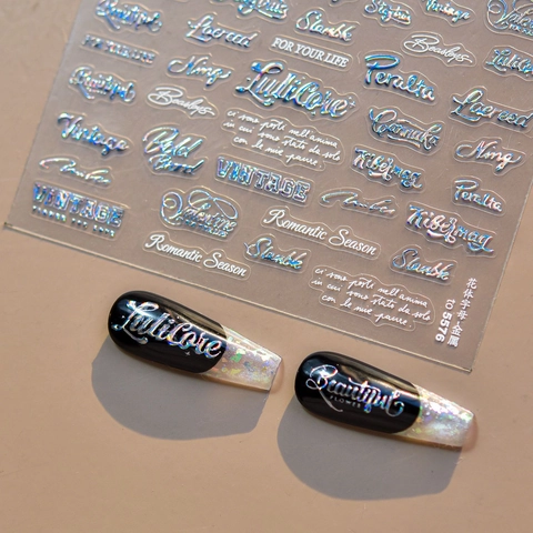 3D Holographic Nail Art Stickers Laser Silver Cursive English Alphabet Decals For Manicure DIY Decoration