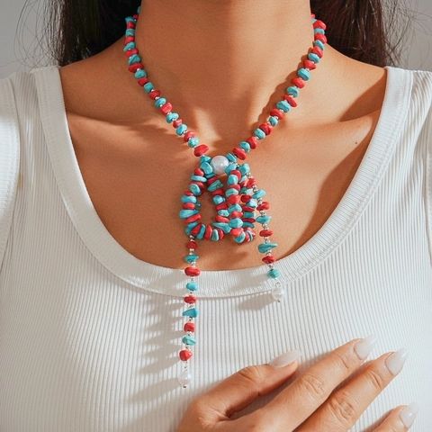 Collar Largo De Cadena Para Suéter Con Piedra Irregular Perla Artificial De Imitación Colgante Nudo De Arco Estilo Étnico Vintage Para Mujer