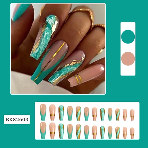 Unghie Finte Lunghe Coffin Press On Marmo Verde Foglia Oro French Tip Per Donna Decorazione Per Manicure