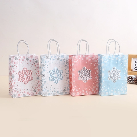 Sac Cadeau En Papier Imprimé Flocon De Neige Thème Noël Hiver Avec Poignées Emballage Shopping Fête Portable