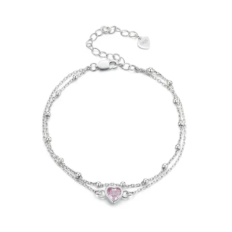 Pink Heart Double Layer Bracelet 925 Sterling Silver Dainty Bead Chain Pink Zirconia Sweet Jewelry For Women Girls