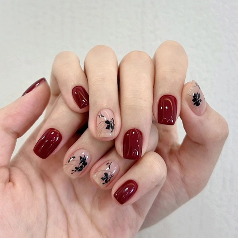 Press On Nails Wine Red Ink Floral Pattern Square Shape Short Length Elegant Luxury Style Women Manicure Accessory