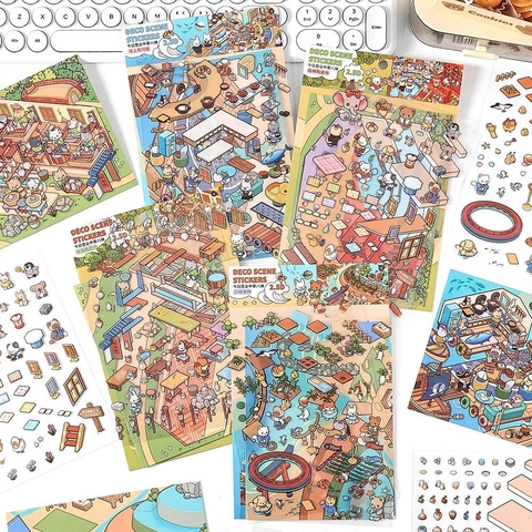 Deco Scene Stickers PET Transparent DIY Scrapbooking Journal Supplies Cute Cartoon Animal Miniature Decoration