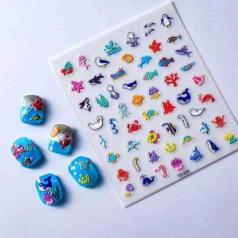 Pegatinas Uñas 5D Relieve Estampado Vida Marina Estrella De Mar Ballena Autoadhesivas Impermeables Calcomanías Para Mujeres