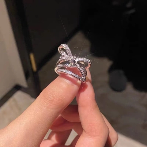 3D Bowknot Copper Open Adjustable Ring For Women Silver Color Pave Rhinestone Trendy Elegant Fashion Jewelry Finger Ring Gift