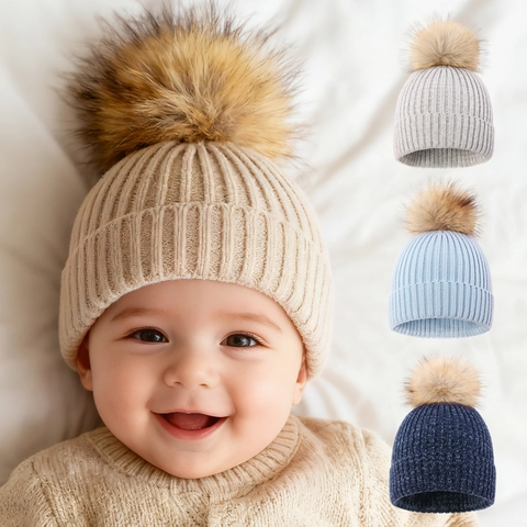 Kids Winter Knit Beanie Hat With Faux Fur Pom Pom Warm Ribbed Soft Acrylic Pullover For Toddler Baby