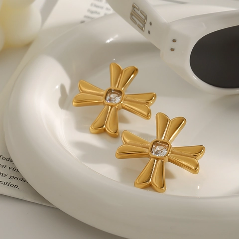 Pendientes De Botón De Cruz De Acero Inoxidable Con Circón Claro Lujo Vintage Geométrico Impermeable Para Mujeres