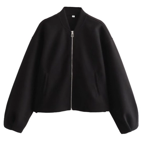 Women Bomber Jacket Polyester Soft Woolen Texture Loose Long Sleeve Stand Collar Zipper Solid Color Casual Coat