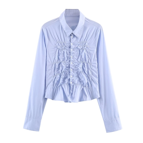 Women Long Sleeve Ruched Poplin Shirt Lapel Button Down Pleated Blouse Slim Fit Solid Color Sky Blue Elegant Fashion Tops