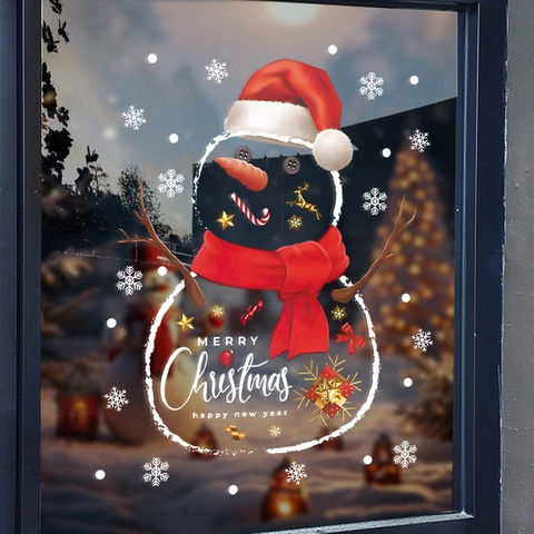Christmas Window Stickers Static Cling Snowman Snowflake Decals PVC Glass Door Holiday Party DIY Home Decoration