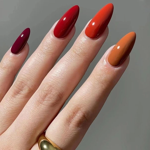 Long Almond Press On Nails Glossy Mixed Warm Colors Wine Red Nude Marble Pattern Elegant Manicure For Women
