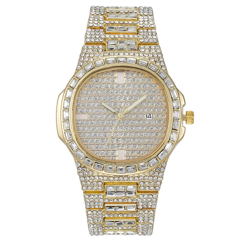 Luxus Iced Out Quarzuhr Voller Strass Diamant Metallband Datum Kalender Mode Frauen Männer