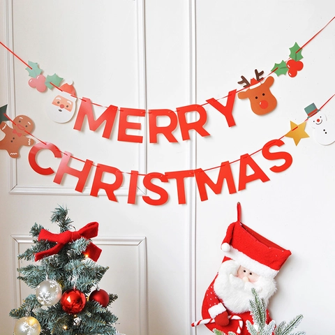 Christmas Banner Hanging Garland Cardboard Glitter Letter Santa Reindeer Snowman For Holiday Party Wall Decor Background