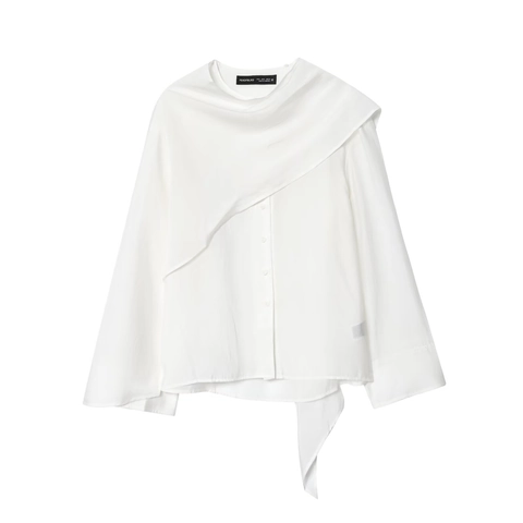 Damen Bluse Weiß Langarm Asymmetrisches Lagen Design Schick Elegant Einfarbig Hemd Polyester Büro Dame Oberteile