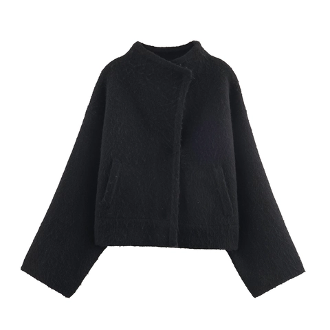 Women Elegant Short Jacket Plush Wool Blend Cape Coat Stand Collar Fashion Solid Color Casual Outerwear