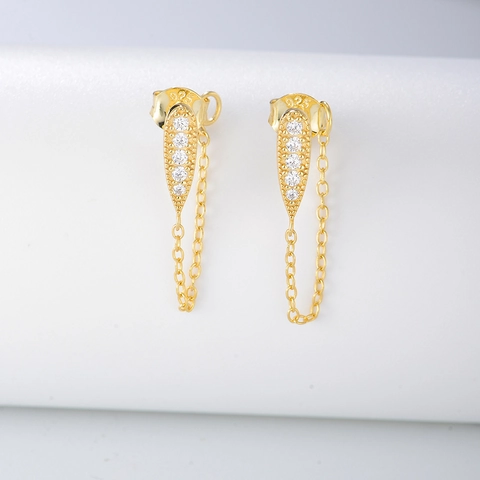 Orecchini A Lobo Teardrop Perno Argento 925 Micro Pavé Zircone Bianco Nappa A Catena Design Di Nicchia Donna