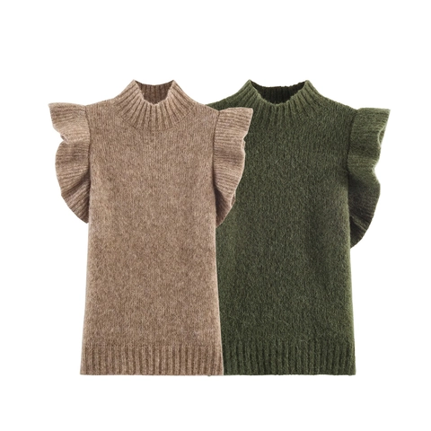 Chaleco De Punto Para Mujer Suéter Sin Mangas Cuello Alto Hombro Con Volantes Color Sólido Ajustado Moda Casual