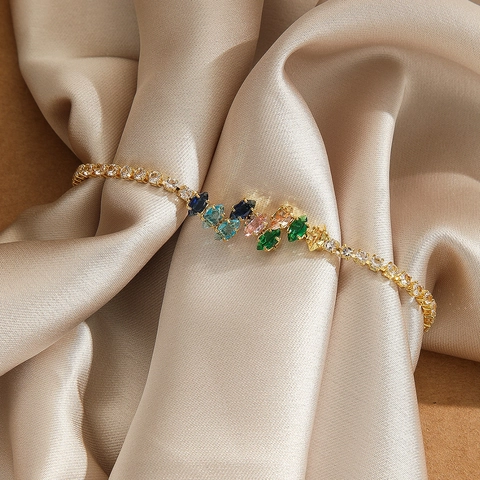 Bracciale In Zirconia Marquise Colorata Lega Placcata Oro Grappolo Di Foglie Catena Da Tennis Gioielli Eleganti Da Donna