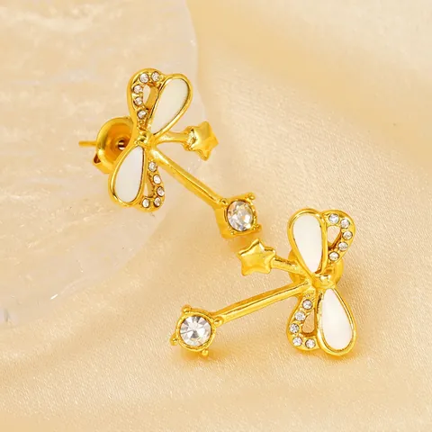 Pendientes De Botón Con Lazo Acero Inoxidable Chapado En Oro 18K Circón Nácar Estrella Elegante