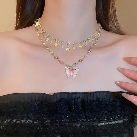 Collana A Doppio Strato Con Farfalla Lega Smalto Rosa Ciondolo Farfalla Strass Perla Artificial Sintetica Gioielli Dolci Per Donna