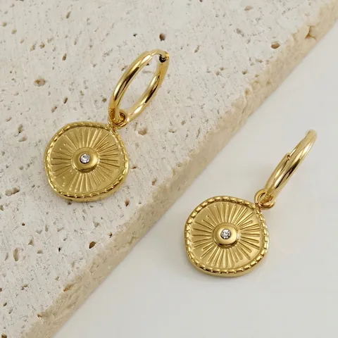 Sunburst Compass Round Pendant Hoop Earrings Stainless Steel 18K Gold Plated Zircon Inlaid Fashion Jewelry For Women