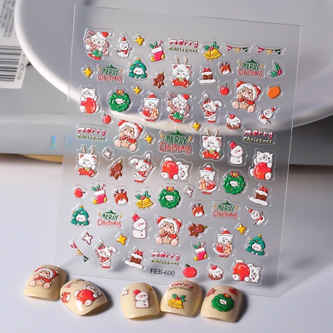 Adesivi Unghie 5D Rilievo Natale Gatto Cartone Animato Renna Babbo Natale Autoadesivi Manicure Decorazione DIY Festivo