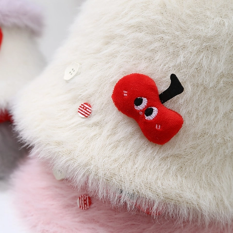 Women's Winter Plush Bucket Hat Warm Faux Fur Basin Hat With Cartoon Cherry And Buttons Korean Style Sweet Fluffy Outdoor Cap