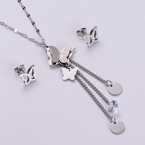 Butterfly Tassel Jewelry 316L Stainless Steel 18K Gold Plated Zircon Pendant Necklace And Stud Earrings For Women