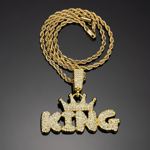 Collana con Pendente Corona Lettera KING Hip Hop Iced Out per Uomo Donna Lega di Zinco Strass Catena Cubana Gioielli