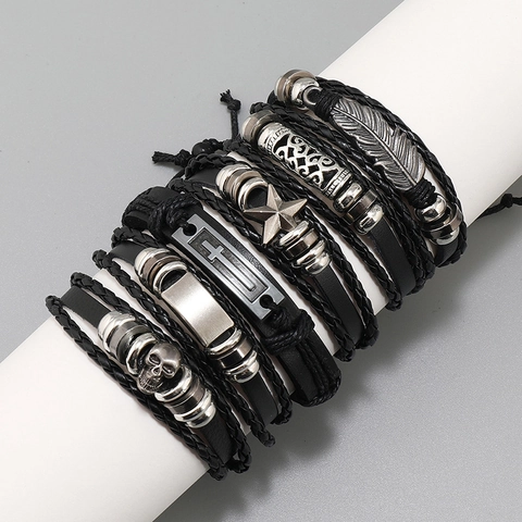Leder Geflochtene Armbänder Mit Totenkopf Kreuz Feder Metallanhängern Vintage Punk Hip Hop Stil Für Männer