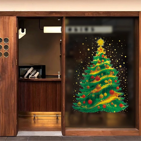 Christmas Tree Window Stickers Static Cling Decals Double Sided Color PVC Removable Holiday Glass Door Decorations