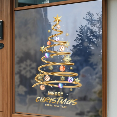 Christmas Window Clings Golden Spiral Tree Static PVC Sticker Double Sided Holiday Snowflake For Mall Store Glass