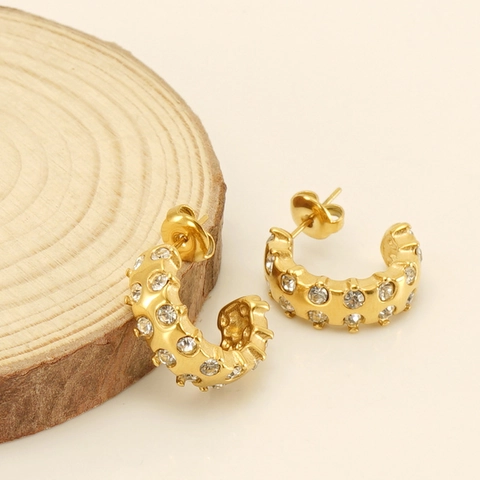 Créoles En Forme De C En Acier Inoxydable Plaqué Or 18K Avec Zircon Étincelant Bijoux De Mode Luxe Pour Femmes