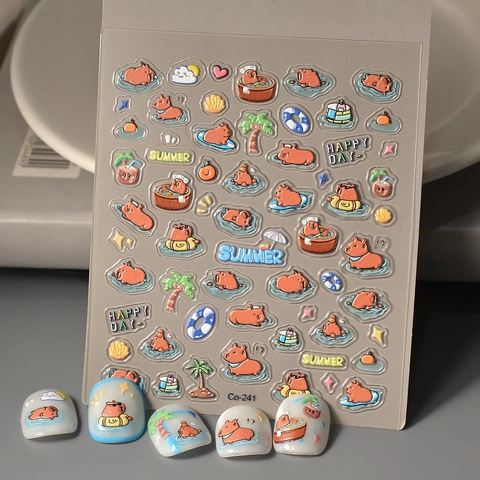 Nagelkunst Aufkleber 5D Geprägt Süßes Wasserschwein Sommer Cartoon Muster Wasserdichte Selbstklebende Decals Für Frauen