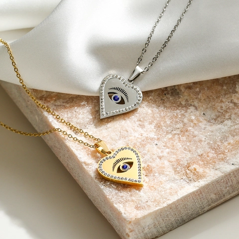 Collier Pendentif Cœur Mauvais Œil Cuivre Avec Strass Pierre Bleue Bijoux Mode Femmes