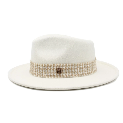 Retro Off White Fedora Hat Wide Brim Felt Jazz Cap With Woven Band And Metal Badge For Women Men