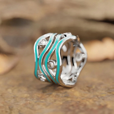 Golf Ring Koper Tiffany Blauw Emaille Verstrengelde Brede Band Zirkonia Ingelegd Punk Trendy Dames Sieraden