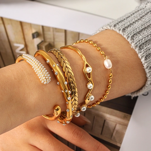 Elegante Roestvrijstalen Kunstparel Armringen Armbanden Voor Dames 18K Verguld Verstelbare Open Manchet Sieraden